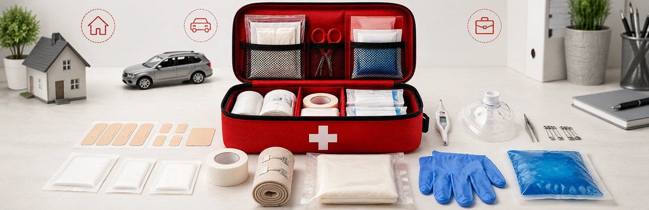 First aid kit essentials with bandages, medical supplies and emergency items for home, car and workplace